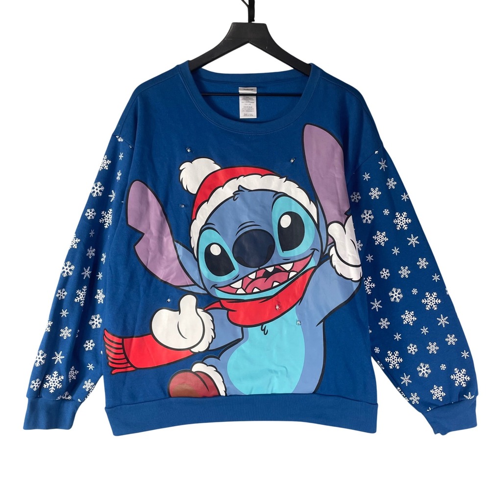 Disney Stitch Christmas Sweatshirt XXL Blue Light Up Holiday Santa Hat